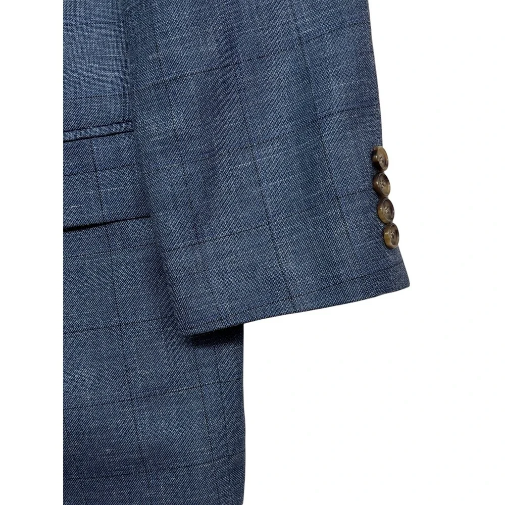 Ralph Lauren 42R Blue Windowpane Silk Wool Linen Blazer Jacket Sport Suit Coat